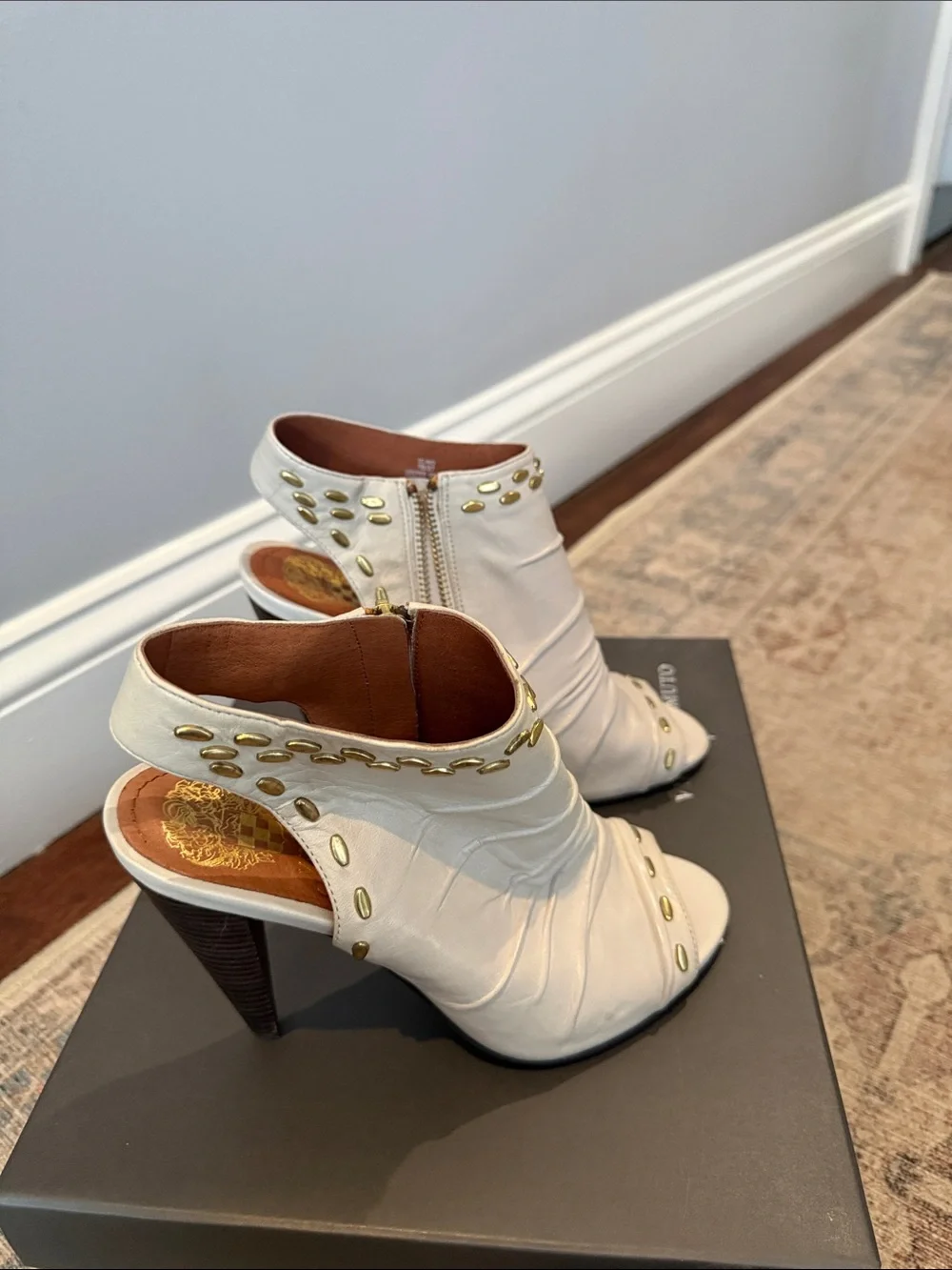 Vince Camuto Ivory Open-Toe Studded Leather Heels with Side Zipper